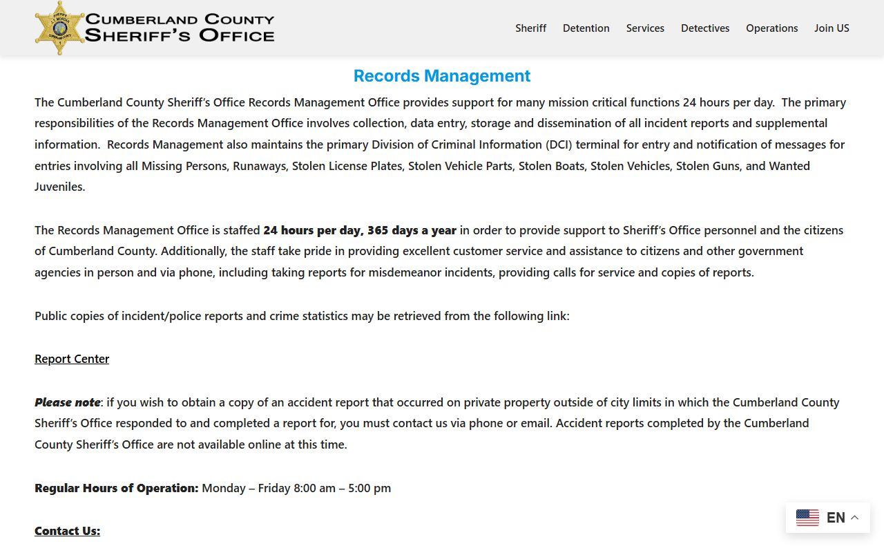 Cumberland County arrest records Sheriff Records Management