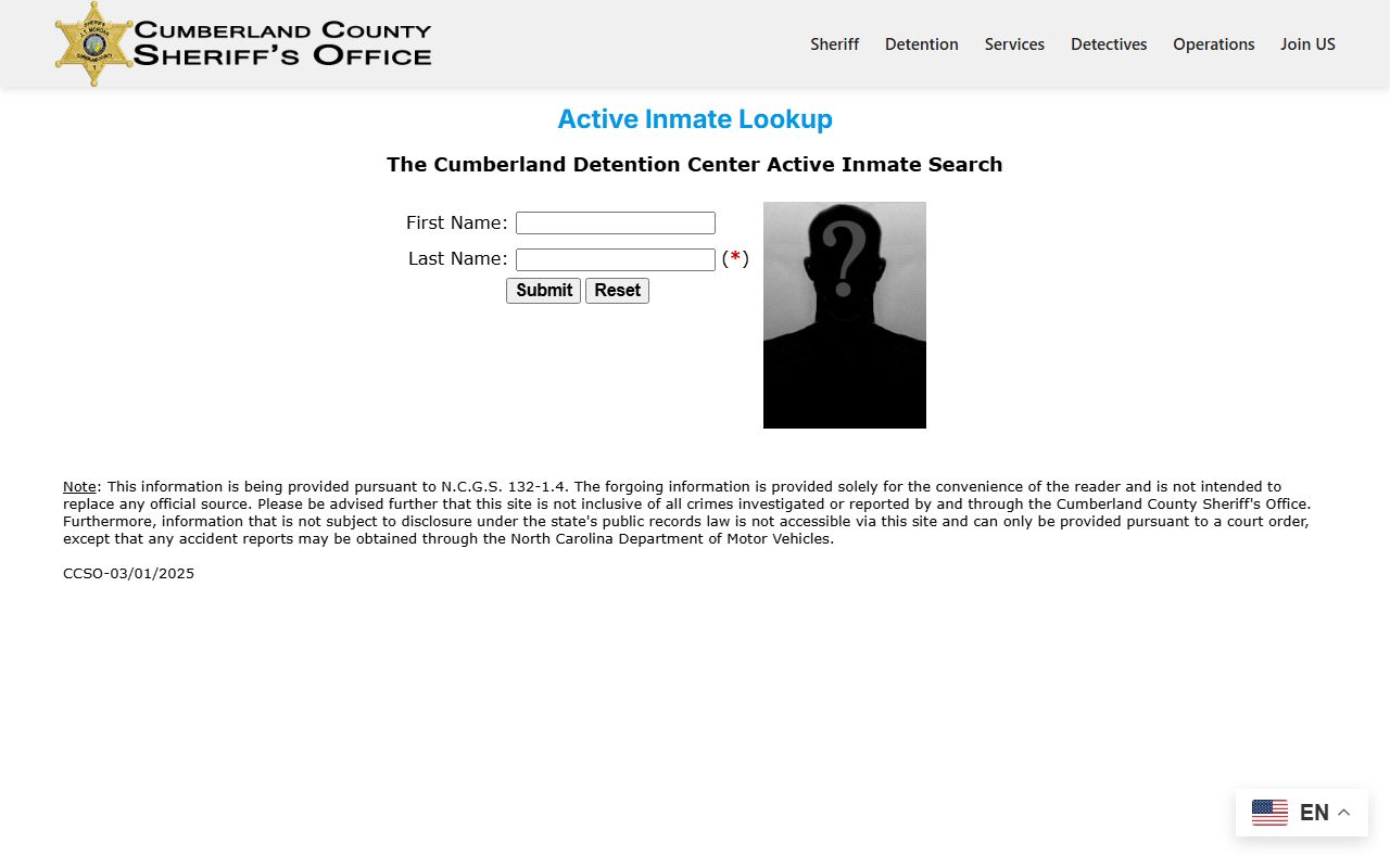 Cumberland County inmate records active inmate lookup page