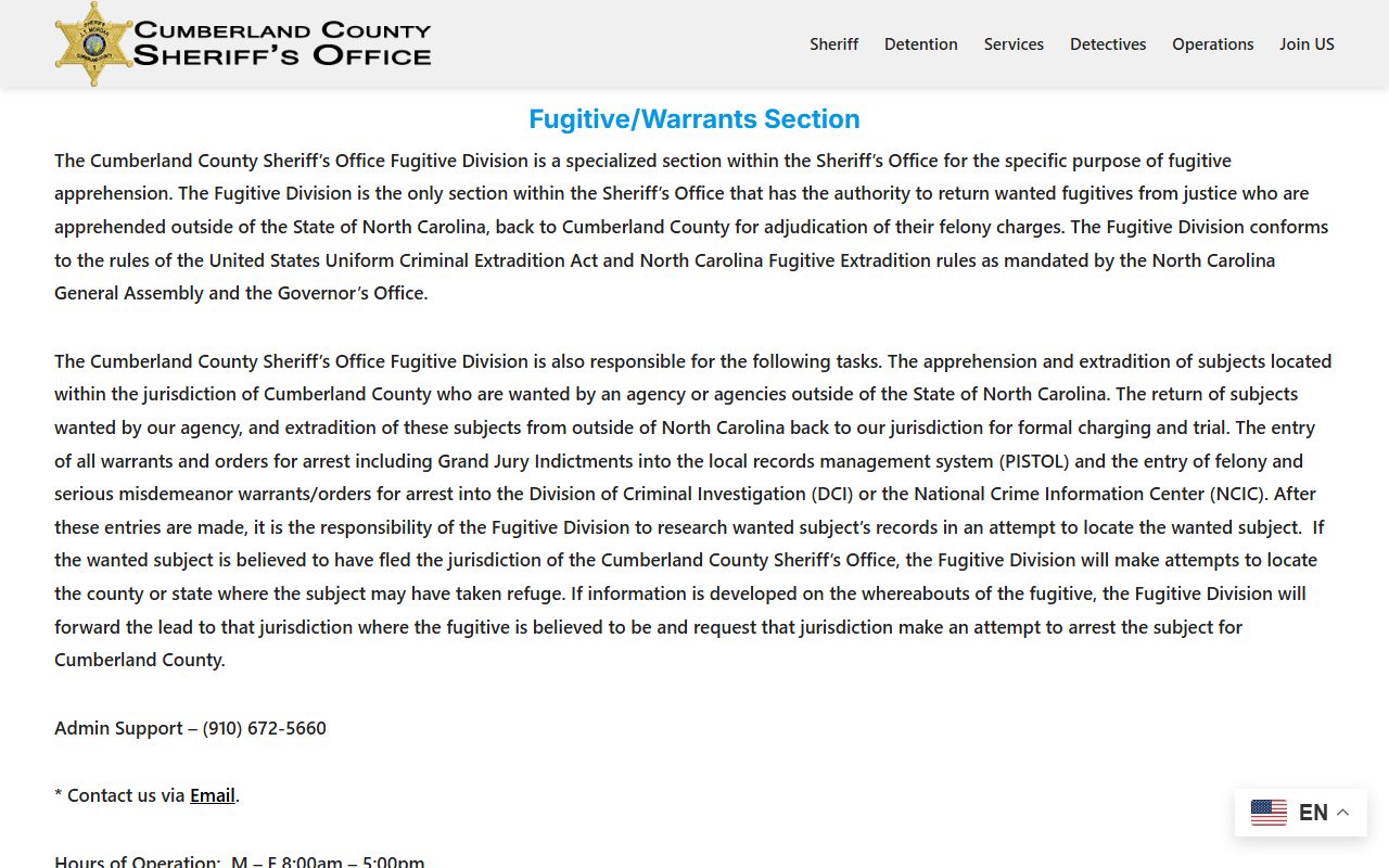 Cumberland County warrant records Fugitive Warrants Section